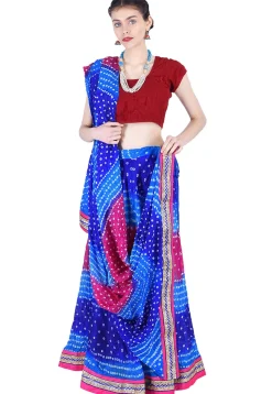 Bandhej Art Silk Lehenga in Blue and Pink