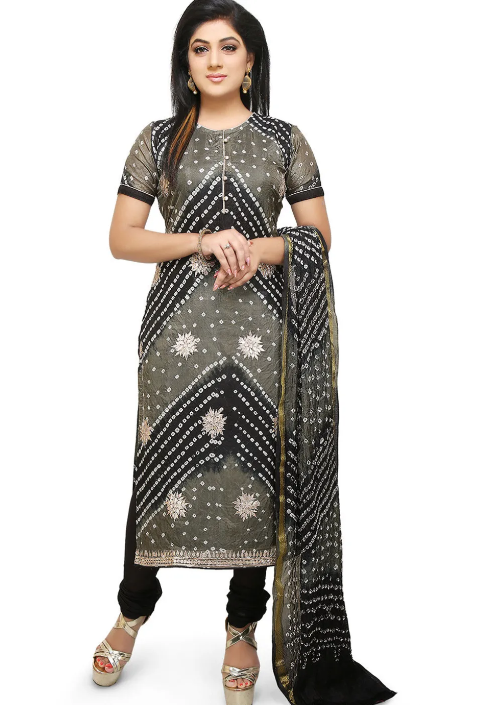Bandhej Art Silk Straight Suit in Black and Grey