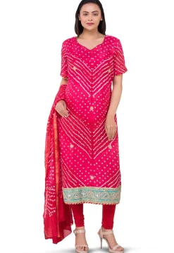 Bandhej Art Silk Straight Suit in Shaded Red and Fuchsia