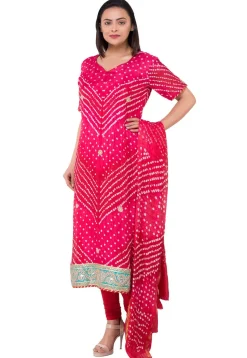 Bandhej Art Silk Straight Suit in Shaded Red and Fuchsia