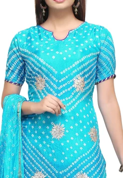 Bandhej Art Silk Straight Suit in Turquoise
