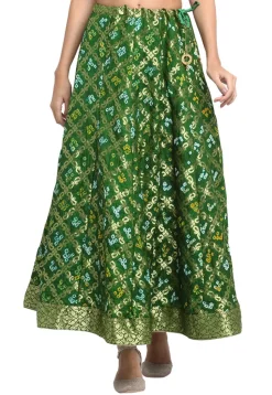 Bandhej Banarasi Silk Skirt in Dark Green