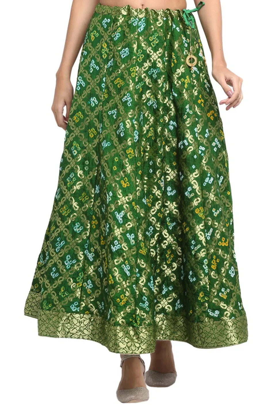 Bandhej Banarasi Silk Skirt in Dark Green