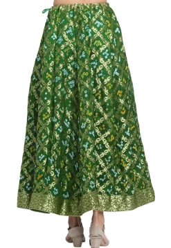 Bandhej Banarasi Silk Skirt in Dark Green