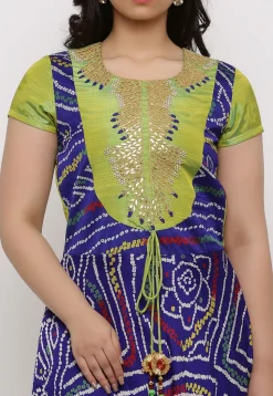 Bandhej Crepe Abaya Style Suit in Royal Blue and Olive Green