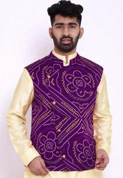 Bandhej Crepe Nehru Jacket in Purple