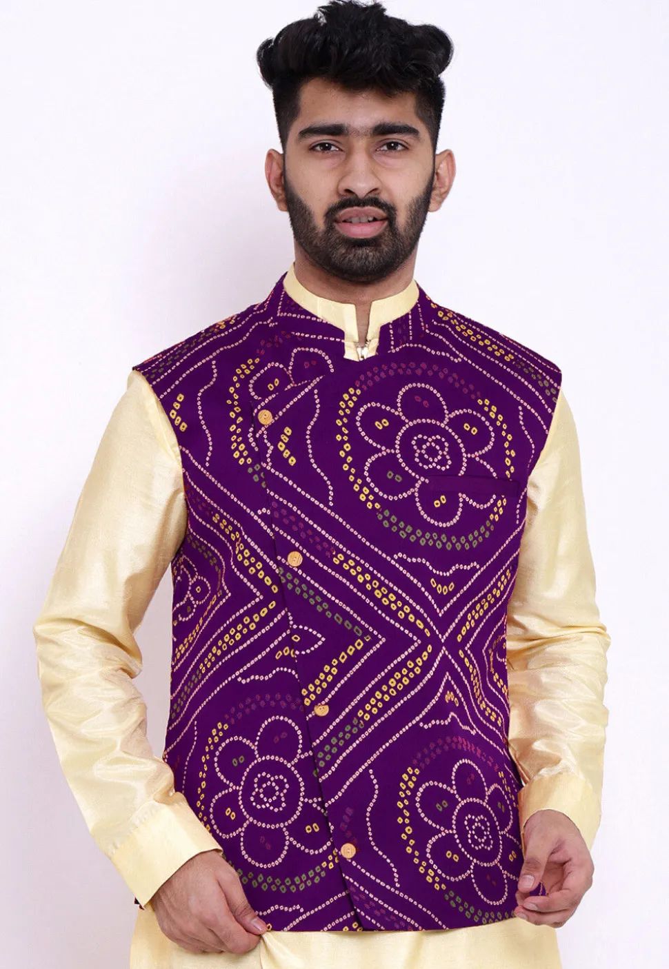 Bandhej Crepe Nehru Jacket in Purple