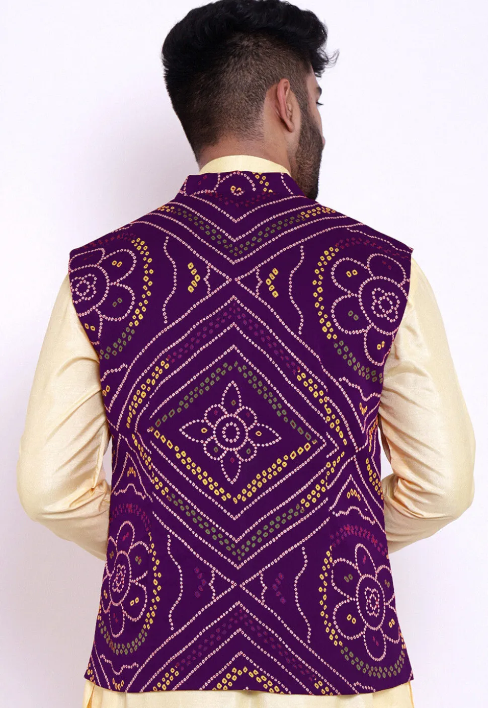 Bandhej Crepe Nehru Jacket in Purple