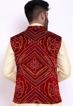 Bandhej Crepe Nehru Jacket in Maroon
