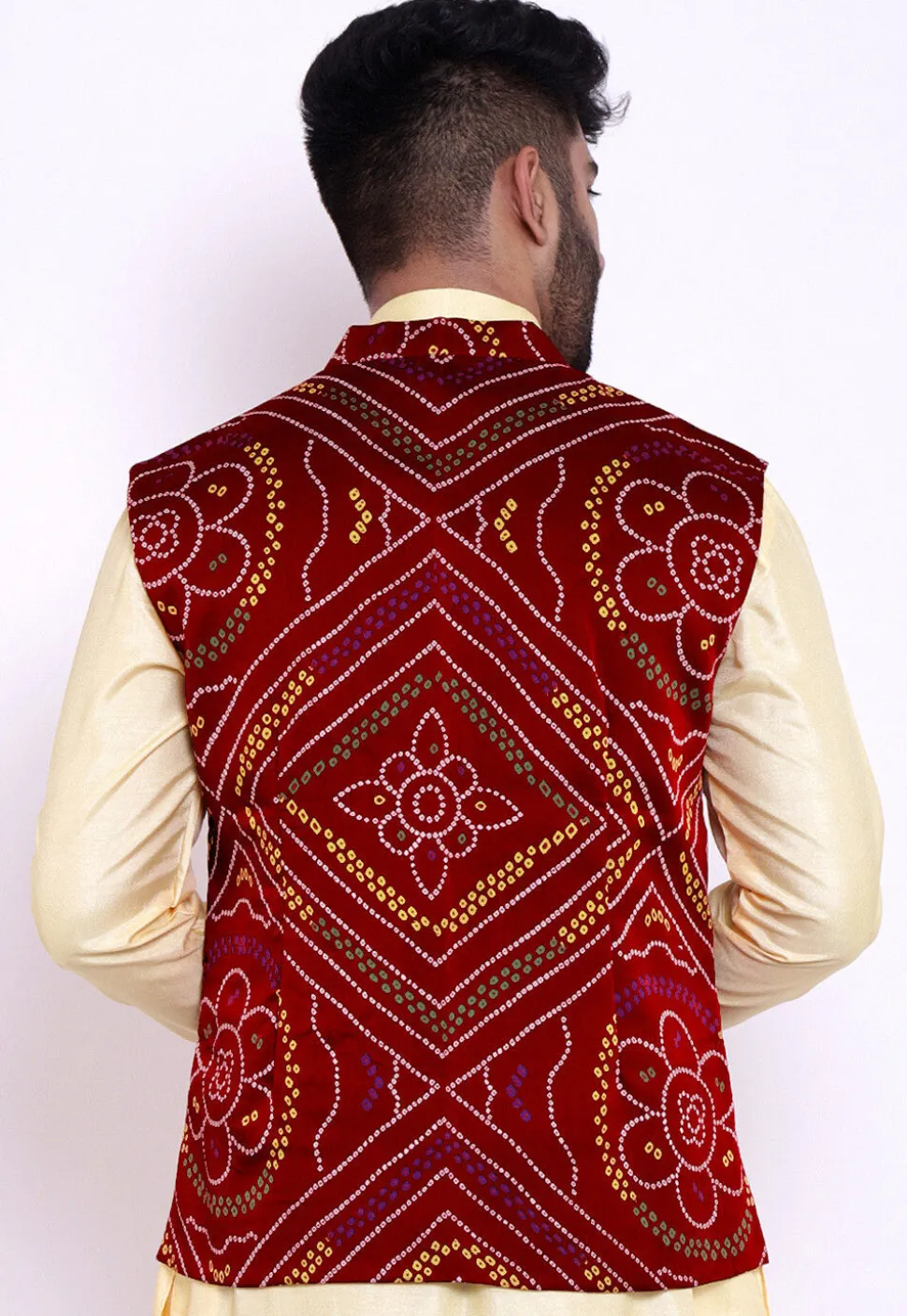 Bandhej Crepe Nehru Jacket in Maroon