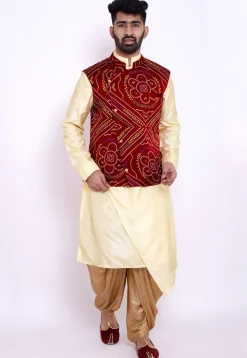 Bandhej Crepe Nehru Jacket in Maroon