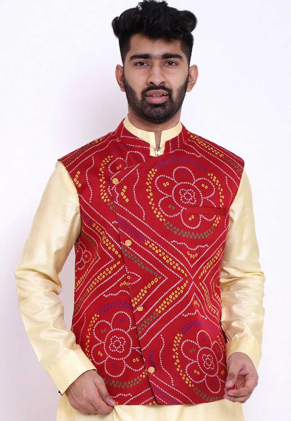 Bandhej Crepe Nehru Jacket in Red