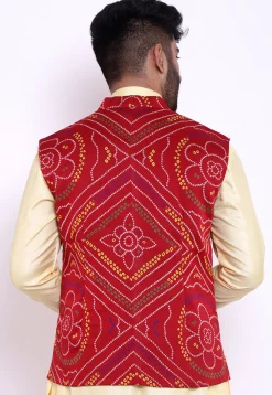 Bandhej Crepe Nehru Jacket in Red