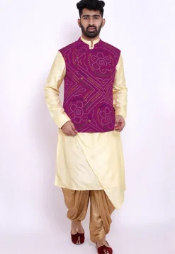Bandhej Crepe Nehru Jacket in Magenta