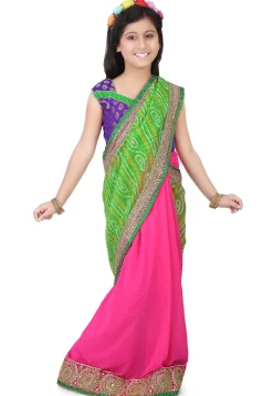 Bandhej Georgette Half N Half Saree in Green and Pink