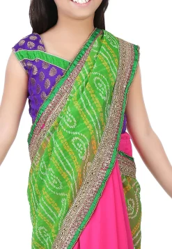 Bandhej Georgette Half N Half Saree in Green and Pink