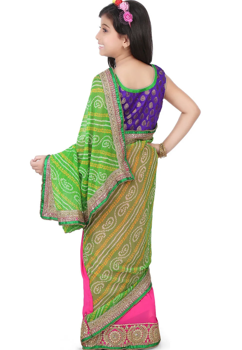 Bandhej Georgette Half N Half Saree in Green and Pink