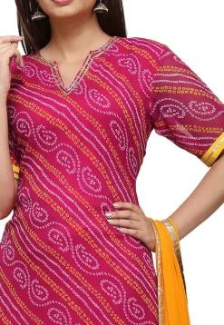 Bandhej Georgette Lehenga in Fuchsia and Yellow