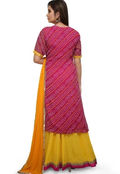 Bandhej Georgette Lehenga in Fuchsia and Yellow