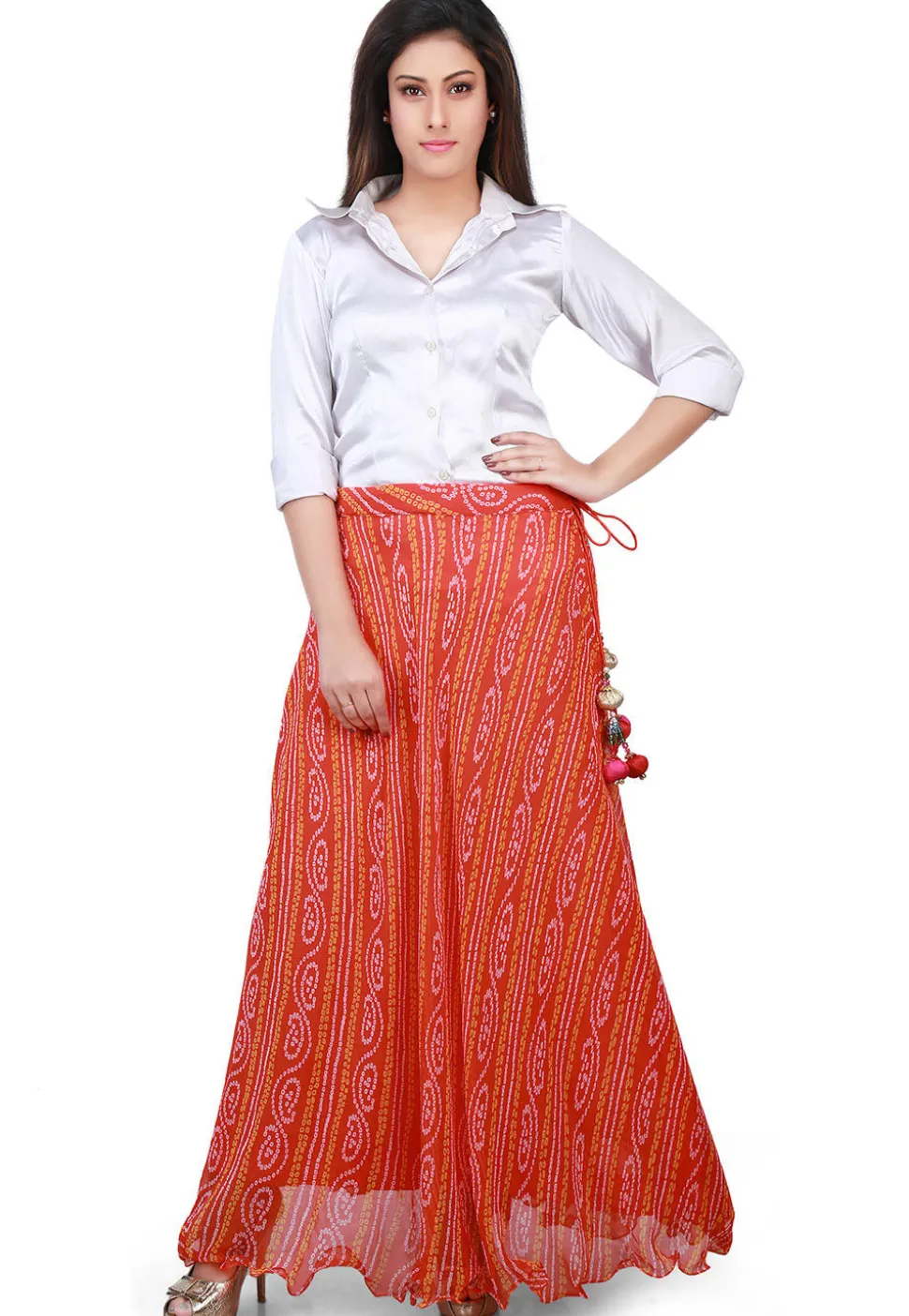 Bandhej Georgette Long Skirt in Orange
