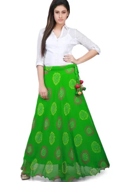 Bandhej Georgette Long Skirt in Green