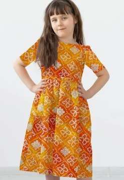 Bandhej Kota Silk Dress in Yellow and Orange