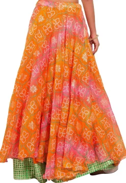 Bandhej Kota Silk Layered Skirt in Orange