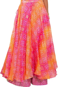 Bandhej Kota Silk Layered Skirt in Pink and Orange