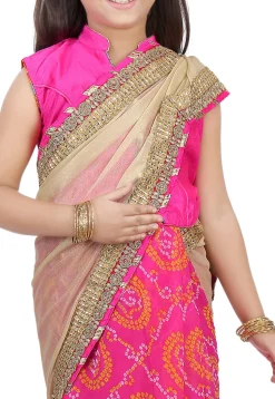 Bandhej Lycra Net and Georgette Half N Half Saree in Beige