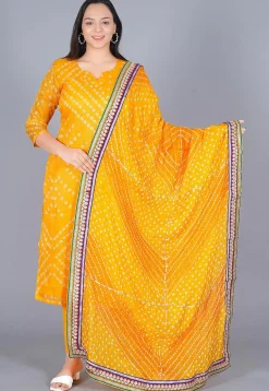 Bandhej Printed Art Kota Silk Straight Suit in Mustard