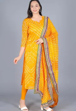 Bandhej Printed Art Kota Silk Straight Suit in Mustard