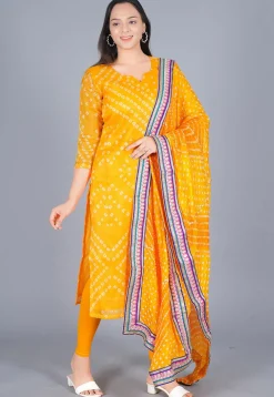 Bandhej Printed Art Kota Silk Straight Suit in Mustard