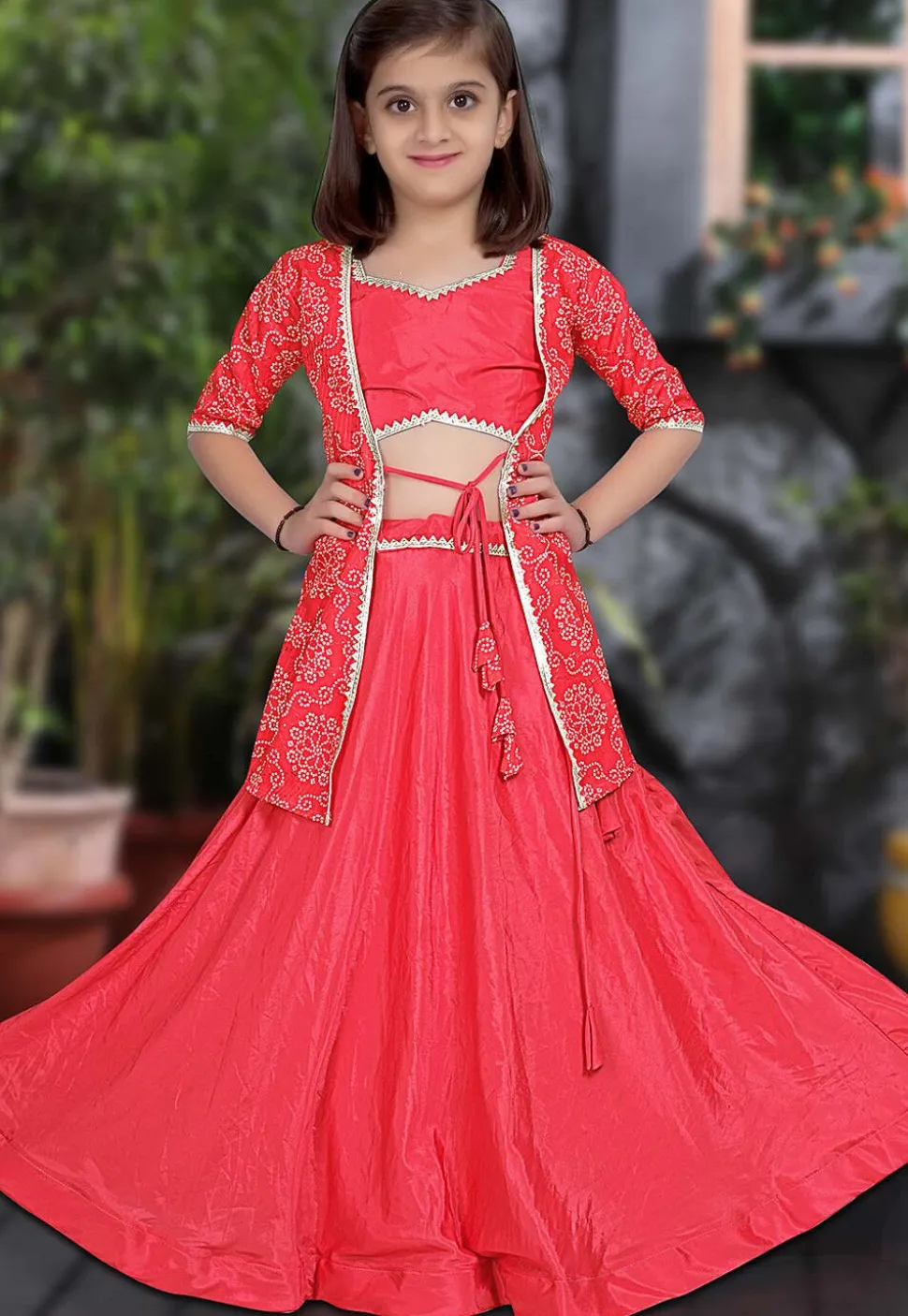 Bandhej Printed Art Silk Lehenga in Pink
