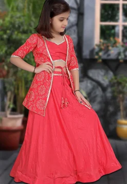 Bandhej Printed Art Silk Lehenga in Pink