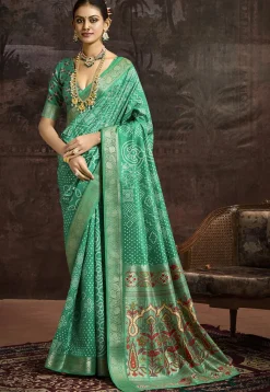 Bandhej Printed Art Silk Saree in Teal Green