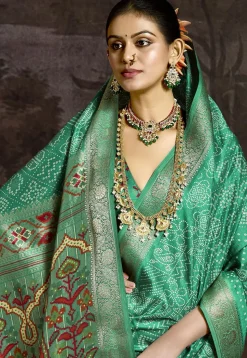 Bandhej Printed Art Silk Saree in Teal Green