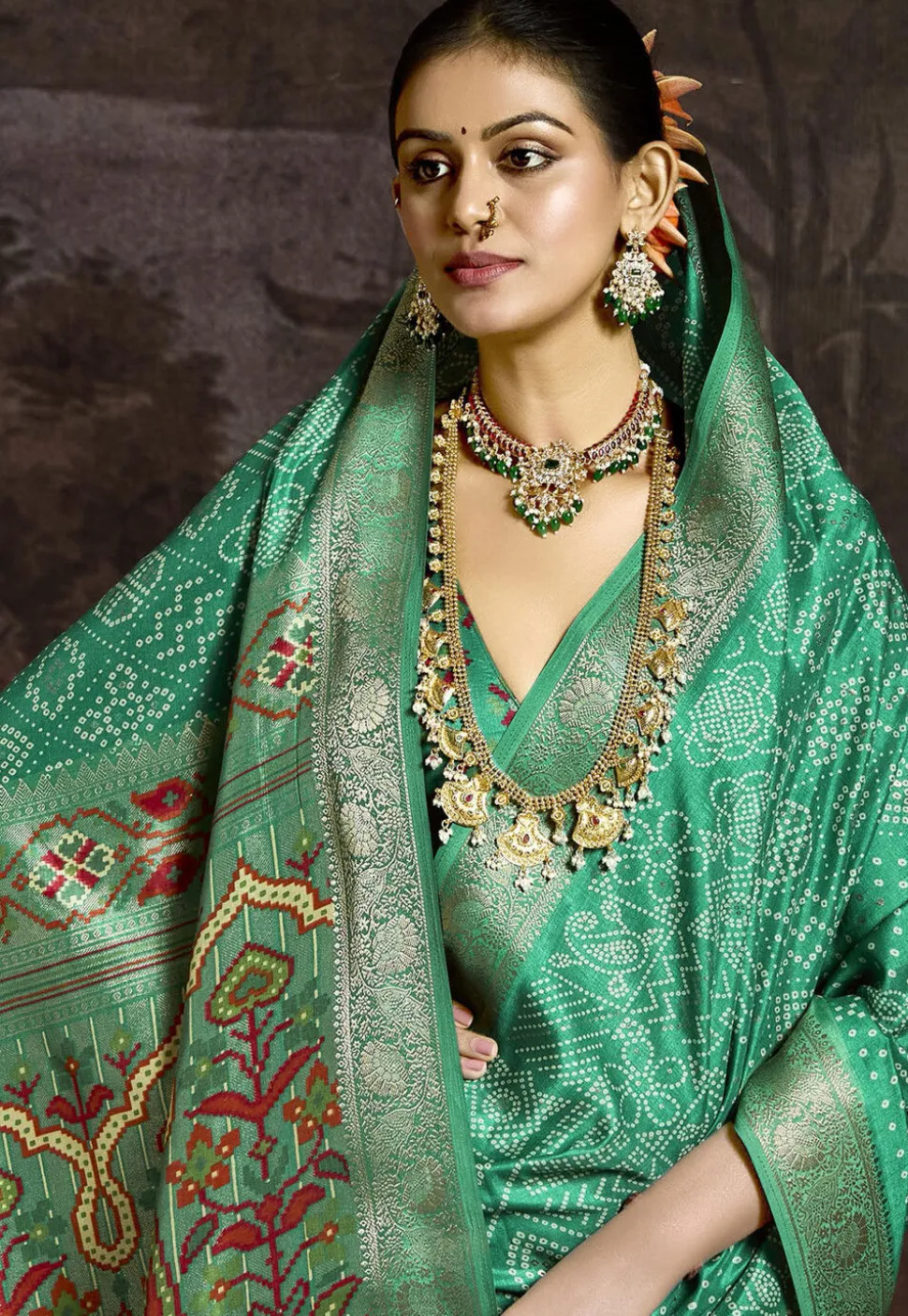 Bandhej Printed Art Silk Saree in Teal Green