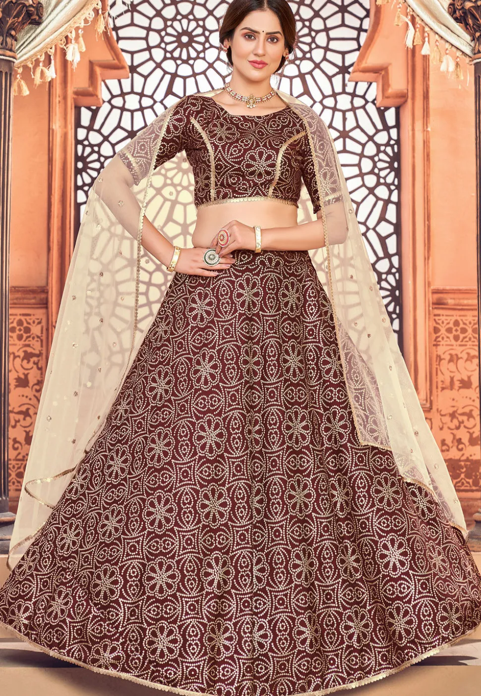 Bandhej Printed Art Silk Lehenga in Maroon