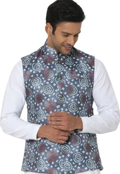 Bandhej Printed Art Silk Nehru Jacket in Dusty Blue