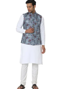 Bandhej Printed Art Silk Nehru Jacket in Dusty Blue