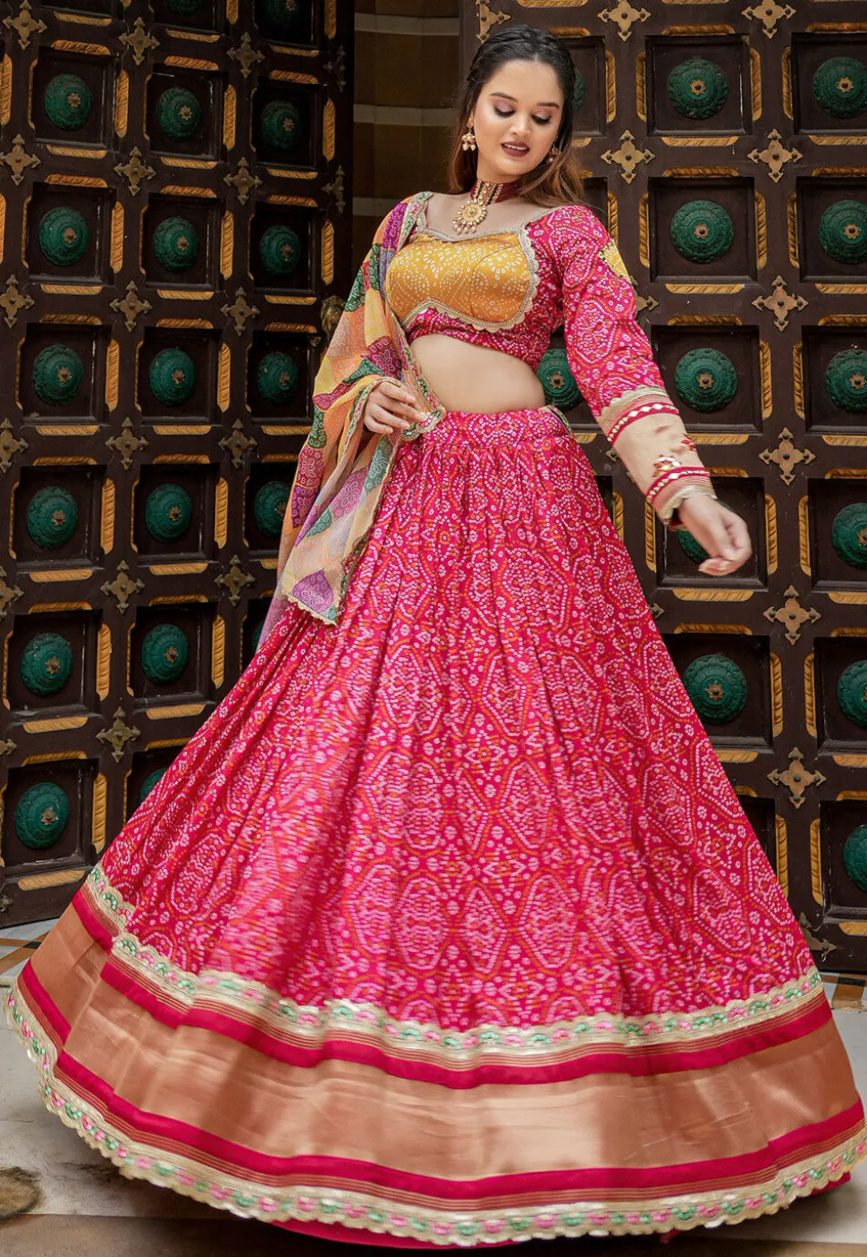 Bandhej Printed Art Silk Lehenga in Pink