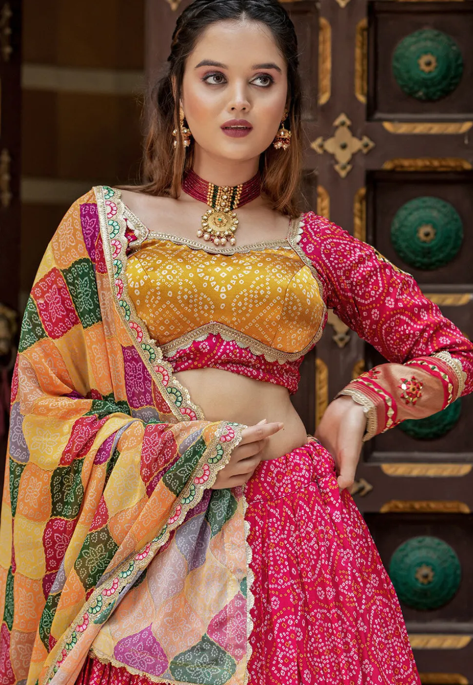 Bandhej Printed Art Silk Lehenga in Pink