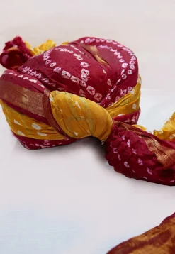 Bandhej Printed Art Silk Turban in Red and Mustard