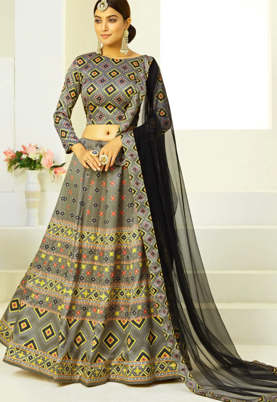 Bandhej Printed Art Silk Lehenga in Grey