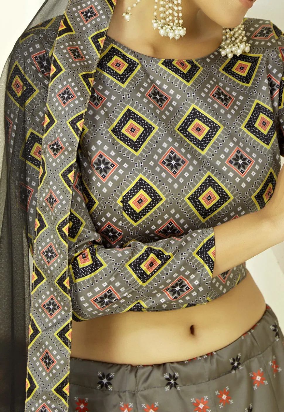 Bandhej Printed Art Silk Lehenga in Grey