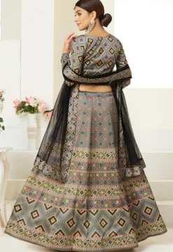 Bandhej Printed Art Silk Lehenga in Grey