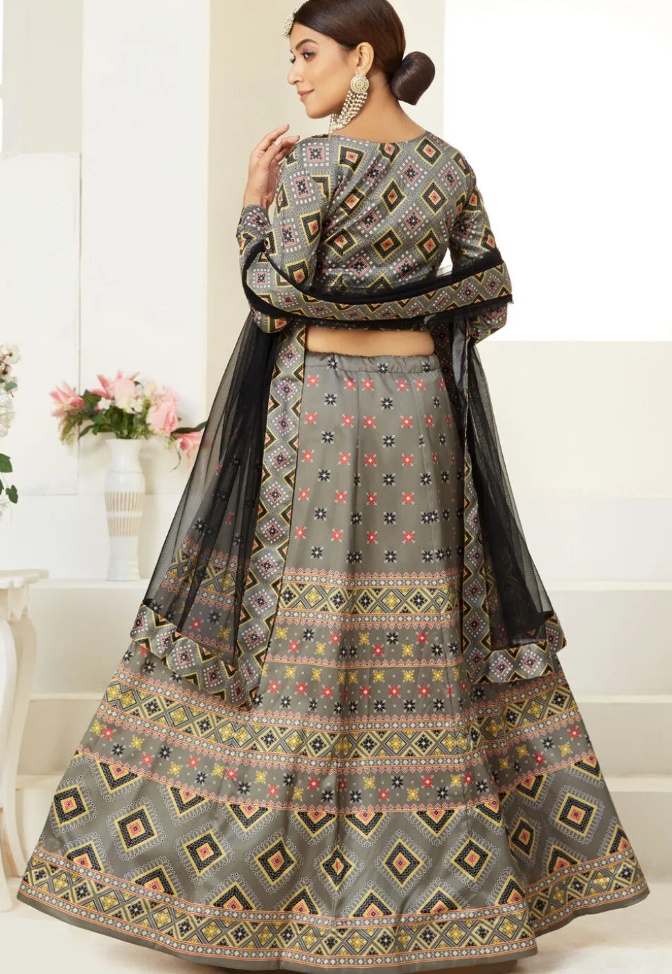 Bandhej Printed Art Silk Lehenga in Grey