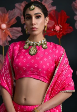 Bandhej Printed Art Silk Lehenga in Fuchsia