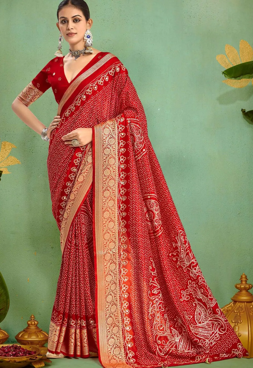 Bandhej Printed Art Silk Saree in Red