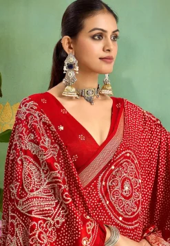 Bandhej Printed Art Silk Saree in Red